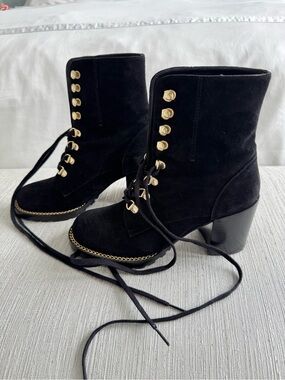 Stuart Weitzman Black Suede Lace-Up Ankle Boots with Gold Hardware